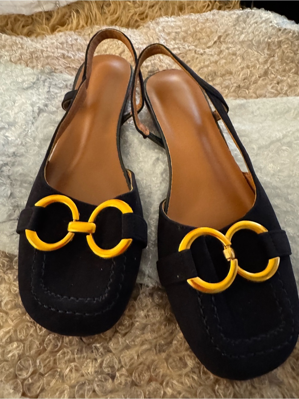 Black Suede Slingback Flats with Gold Accent